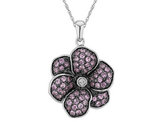 Created Pink Sapphire and Diamond Flower Pendant Necklace 1.00 Carat (ctw) in Sterling Silver with Chain